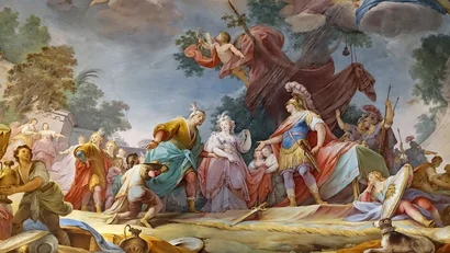 Affresco storico con figure vestite in abiti antichi e un cane sdraiato